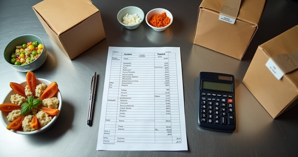 Planilha de custos ao lado de embalagens e ingredientes 