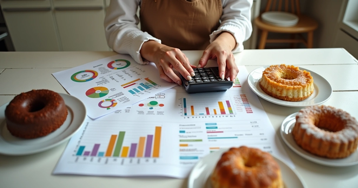 Confeiteira analisando gráficos coloridos de custos fixos ao lado de uma calculadora e doces prontos. 