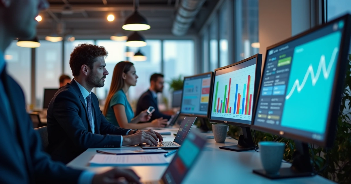 Tela de relatório de uso de impressoras com gráficos coloridos em um escritório