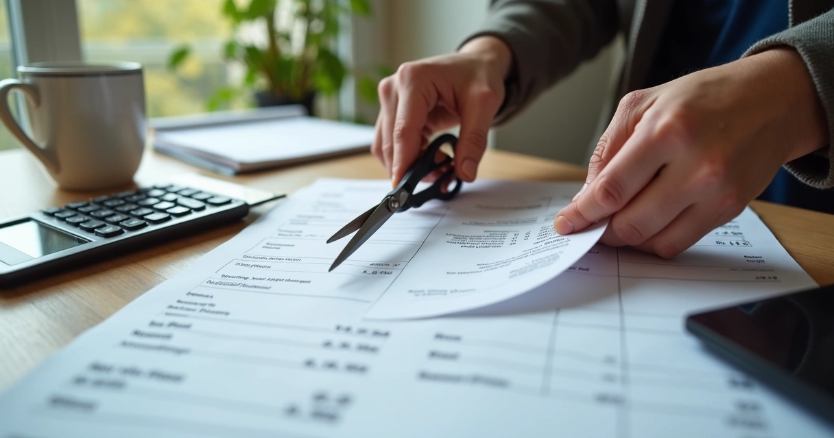 Pequeno empresário cortando recibos de custos desnecessários 
