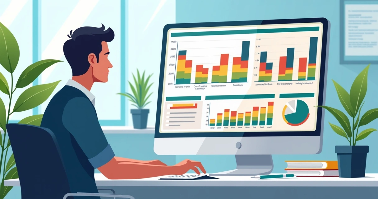Gestor analisando gráficos de custos de retrabalho em computador