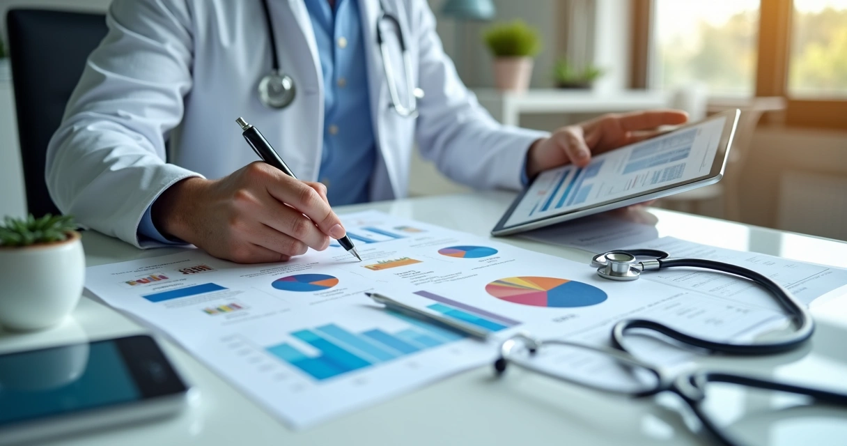 Médico analisando gráficos financeiros em consultório 