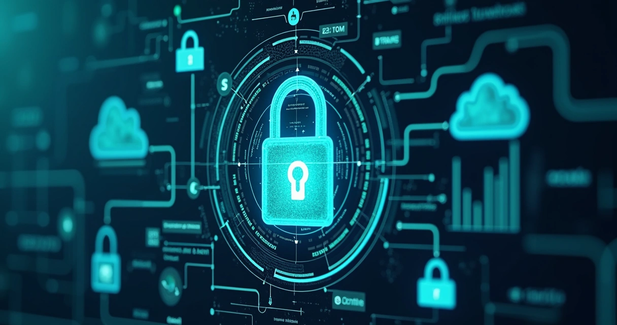 Interface digital mostrando o controle e a segurança dos dados na nuvem, com cadeados e gráficos 