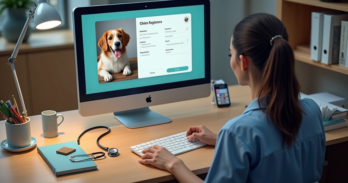 Funcionário registra informações sobre cachorro no sistema do hotel para pets