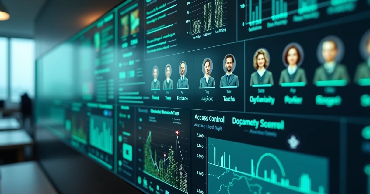 Painel digital com gráficos mostrando controle de acesso a arquivos empresariais 