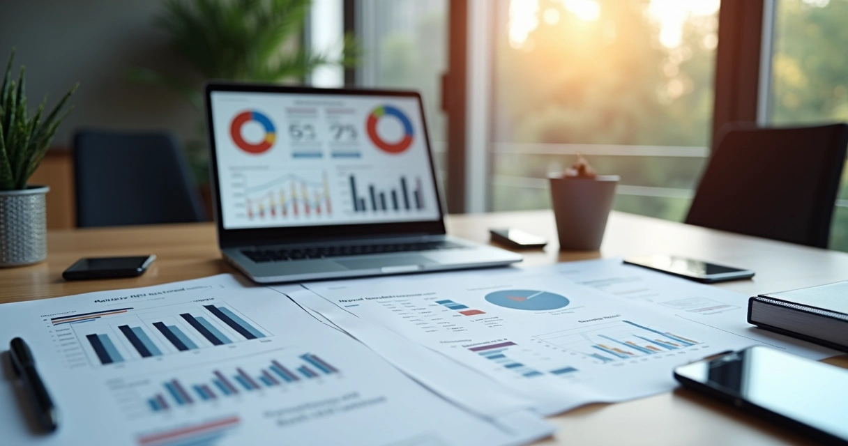 Mesa de escritório com documentos e laptop mostrando gráficos de acidentes de trabalho e cálculo do FAP, ambiente corporativo moderno e iluminado 