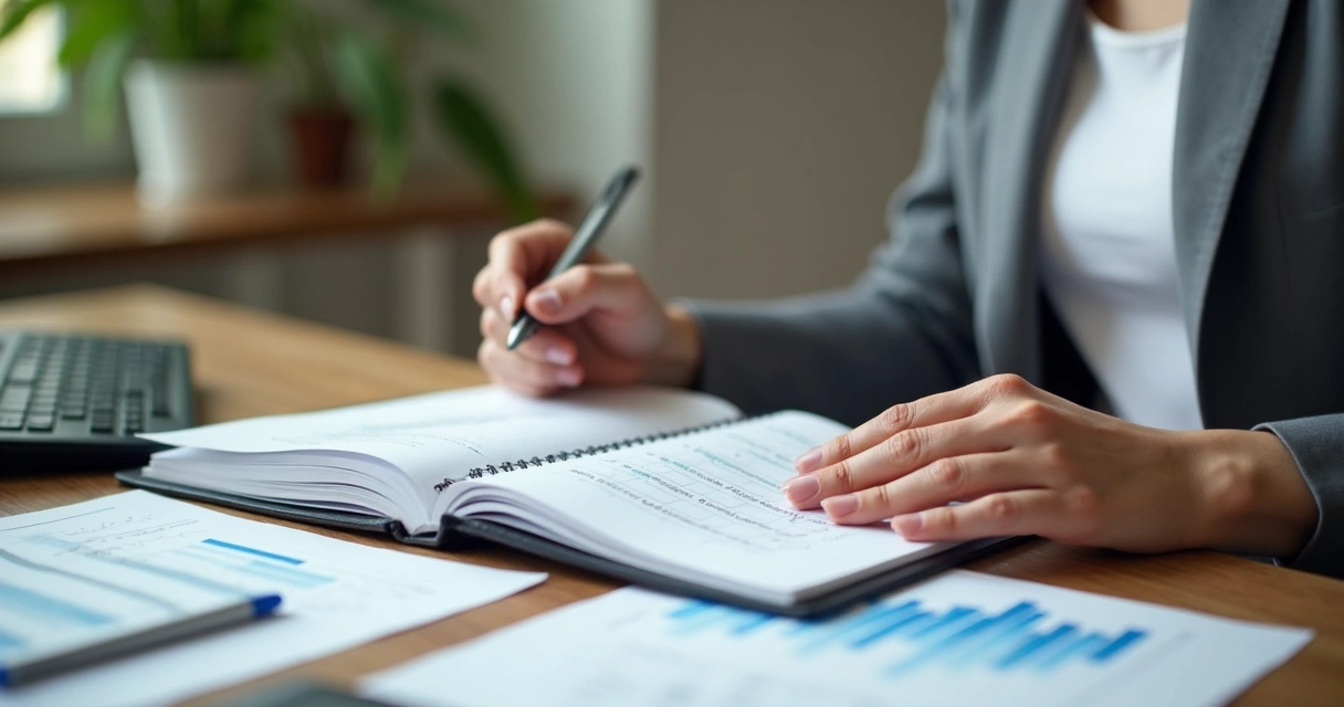 Microempreendedor usando planilha de fluxo de caixa enquanto confere notas 