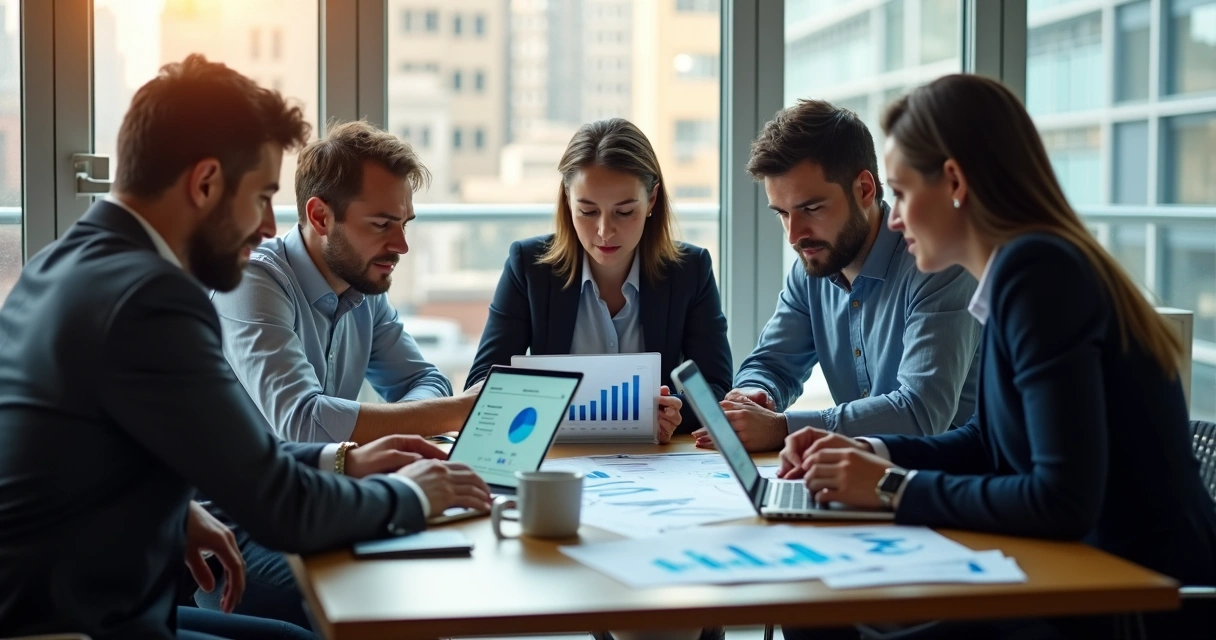 Equipe de vendas reunida ao redor de uma mesa analisando gráficos de comissão em ambiente corporativo 