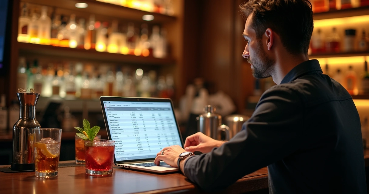 Bartender analisando planilhas de custos e lucros no bar, com laptop branco ao lado de bebidas e utensílios 
