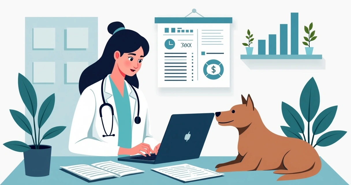 Veterinário revisando despesas fixas no computador 