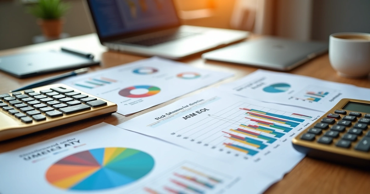 Mesa com planilhas de gestão de estoque mostrando categorização ABC, gráfico EOQ e calculadora ao lado 