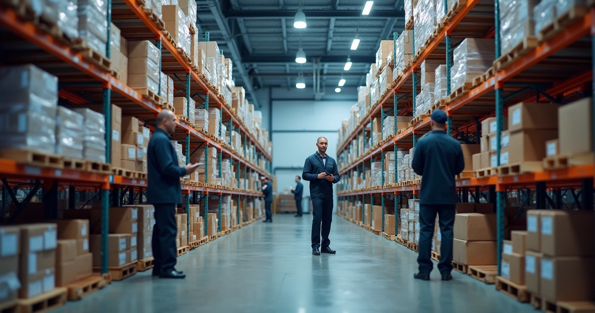 Linha de produção industrial com funcionários monitorando estoque 