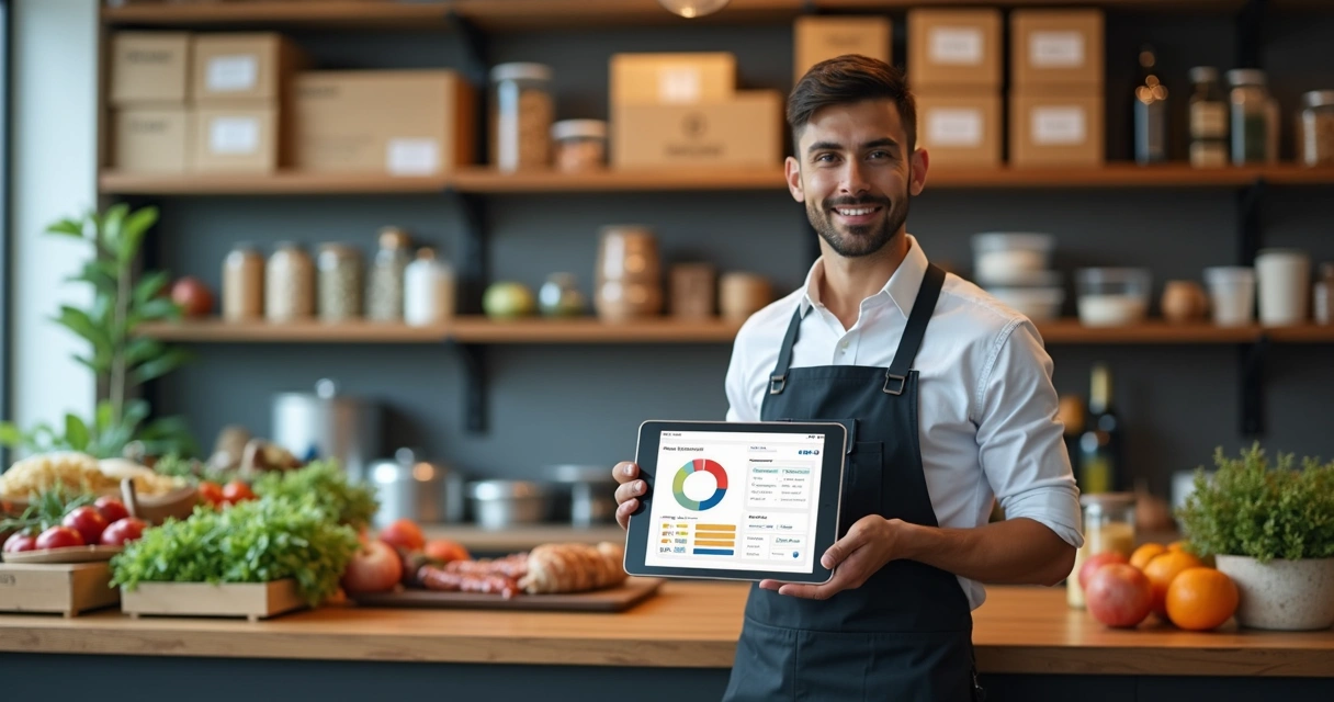 Gestor de restaurante usando tablet para controlar estoque com prateleiras organizadas ao fundo 