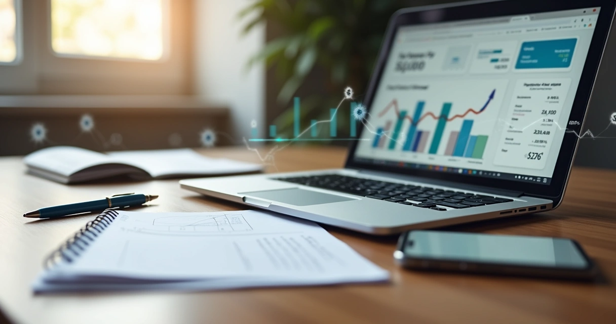 Mesa com smartphone mostrando app de controle financeiro, anotações e gráficos de despesas organizadas 