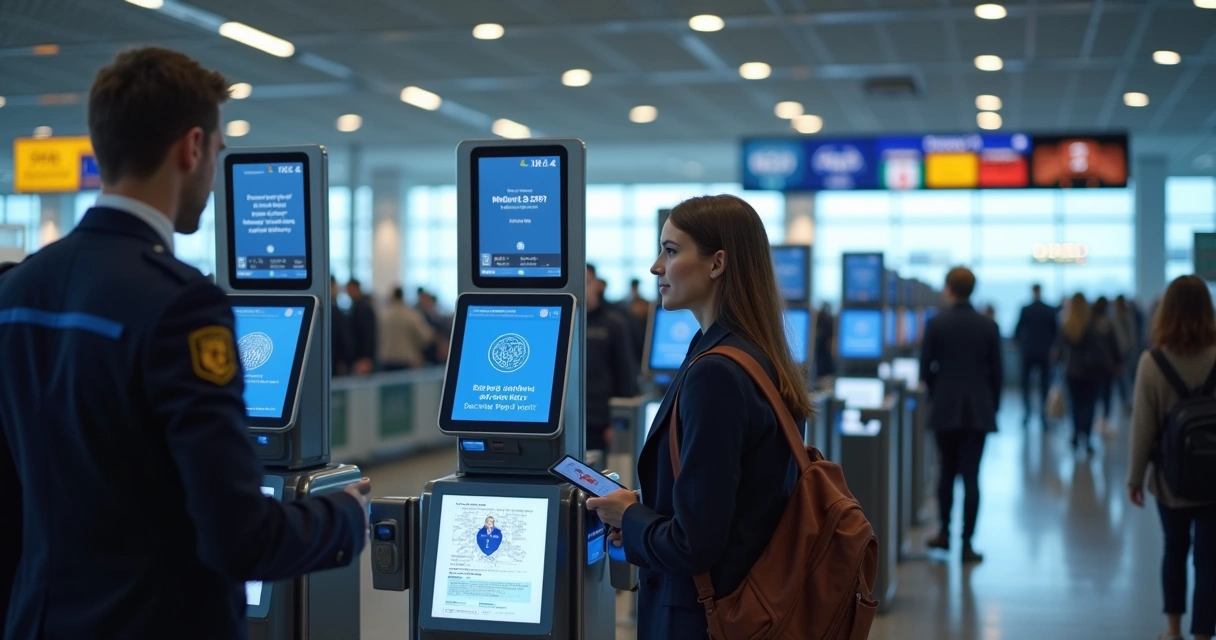 Passageiros passando pelo controle de imigração biométrico em aeroporto europeu moderno 