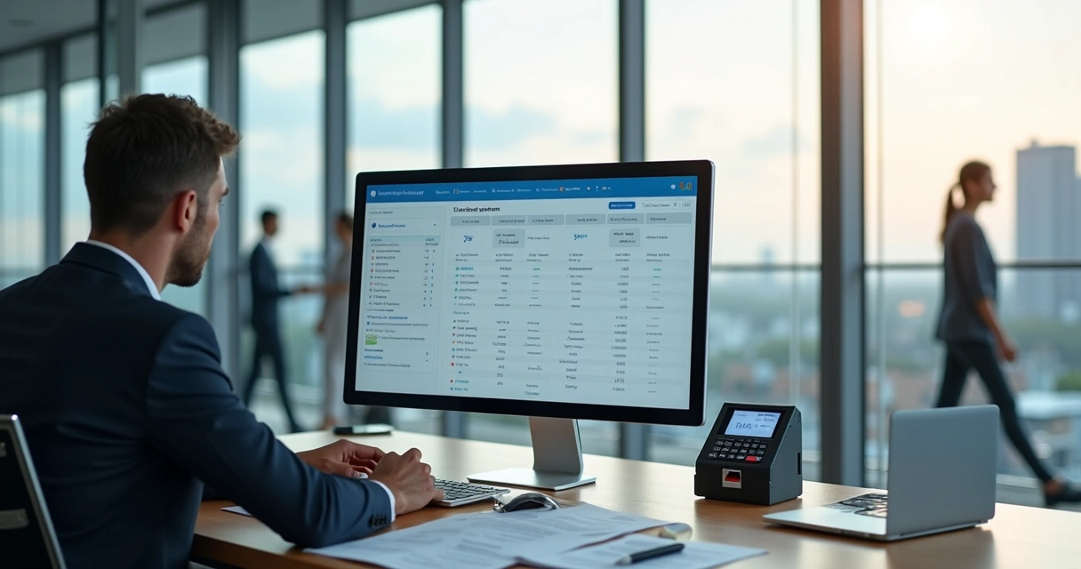 Gestor de RH analisando sistema de controle de jornadas em escritório moderno 