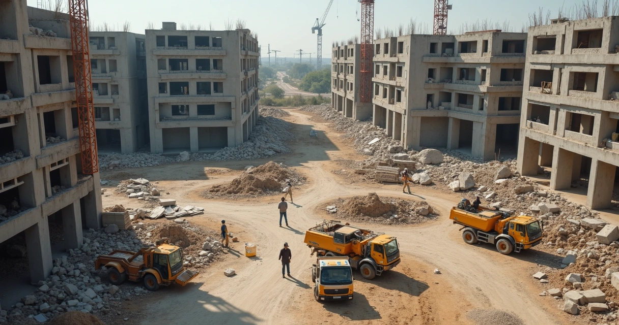 Vista aérea de um canteiro de obras com trabalhadores, máquinas e materiais espalhados de forma desorganizada, mostrando sinais de falhas no controle da obra 