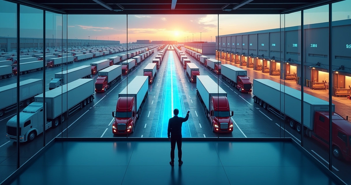 Vista aérea de pátio logístico com caminhões organizados e sistema digital de controle 