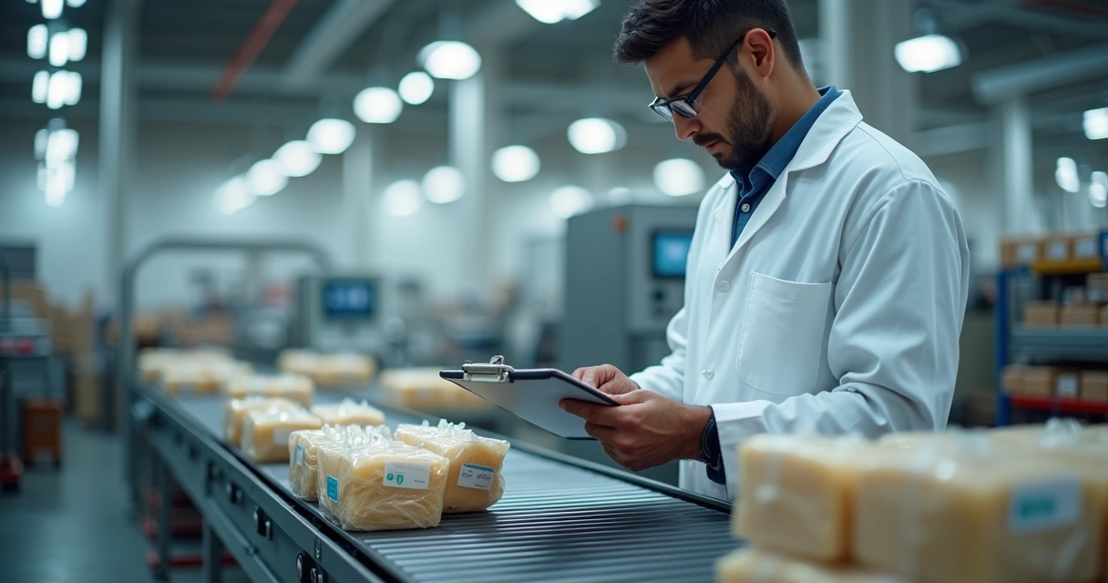 Inspetor avaliando mercadorias em linha de produção 