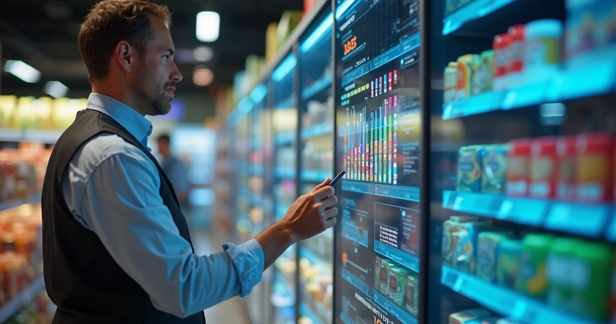 Gestor consulta painel digital com gráfico de validade de produtos 