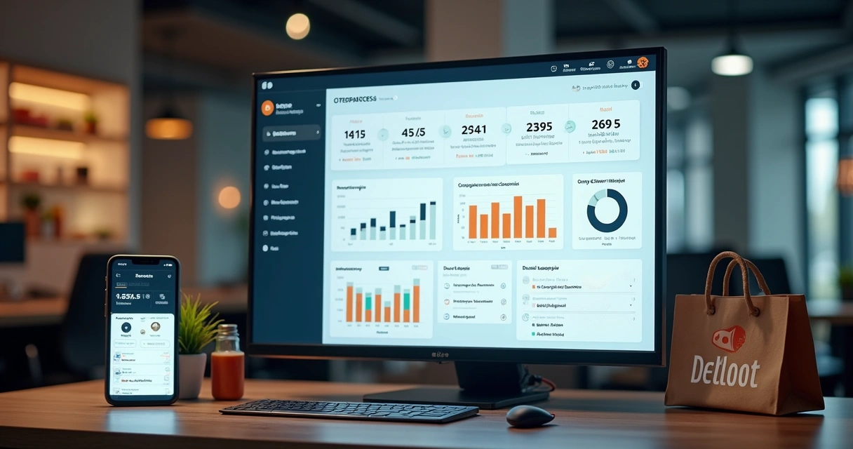 Dashboard de controle de delivery com painel de vendas e estoque em tela