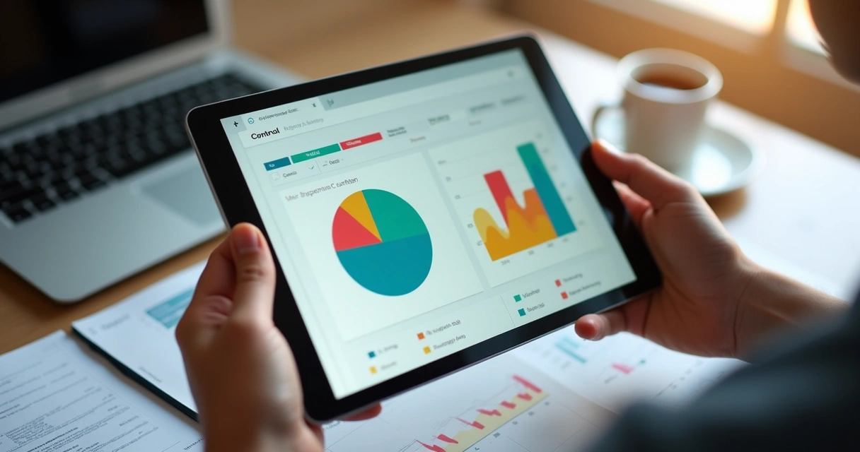 Pessoa analisando despesas em aplicativo financeiro no tablet em ambiente de trabalho