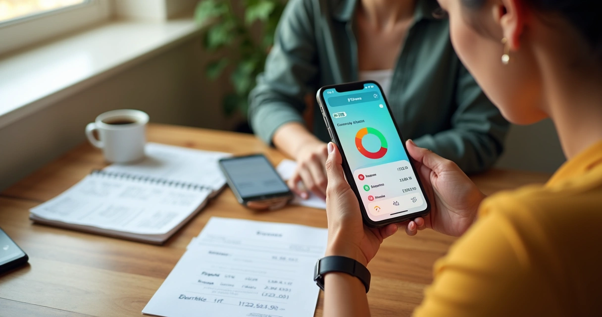 Pessoa usando aplicativo de controle de despesas no celular 