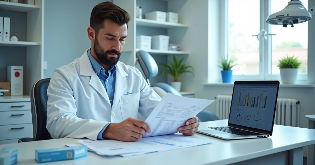 Dentista analisando despesas semanais em consultório odontológico 