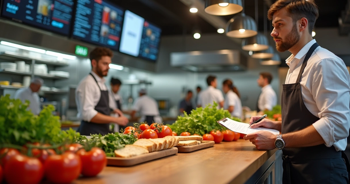 Gerente confere planilha de controle de insumos na cozinha do restaurante