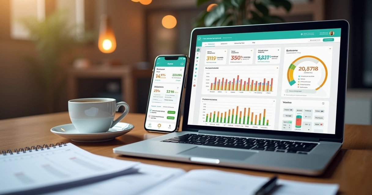 Tela de computador e celular exibindo gráficos de despesas e controle financeiro 