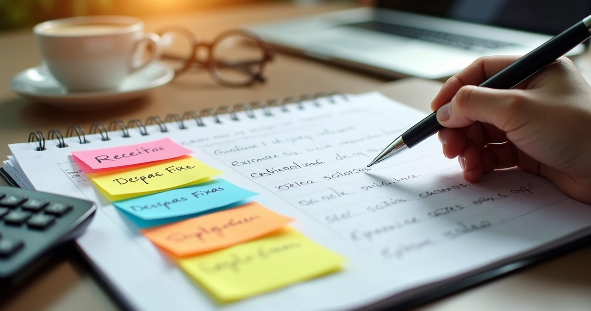 Anotações coloridas de despesas e receitas em mesa de escritório 