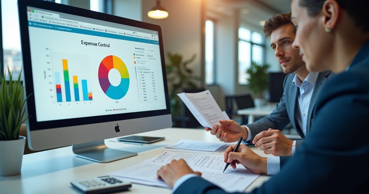 Gráfico colorido de controle de despesas em uma tela de computador com planilhas ao fundo.