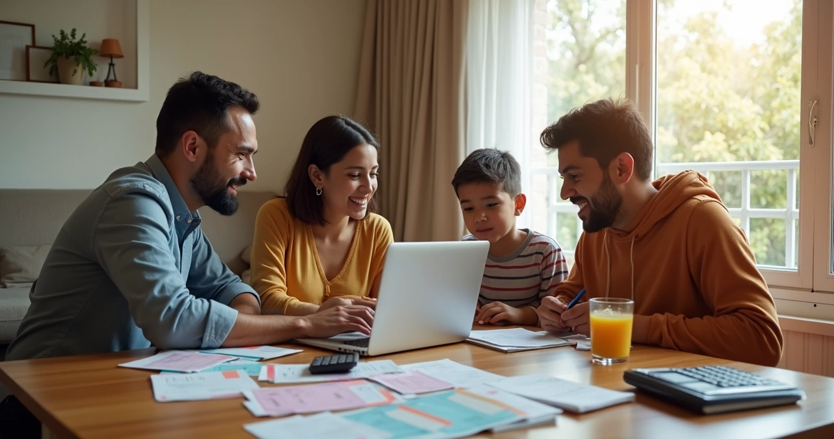 Família reunida usando notebook para organizar despesas mensais