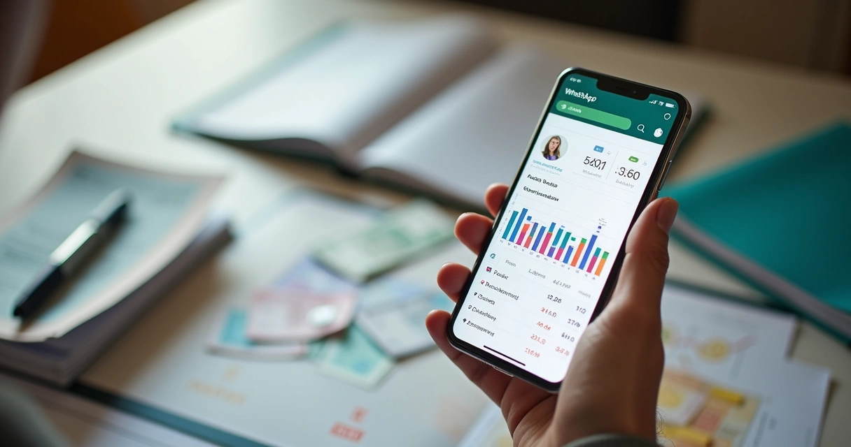 Pessoa com celular aberto no WhatsApp analisando relatório financeiro colorido 