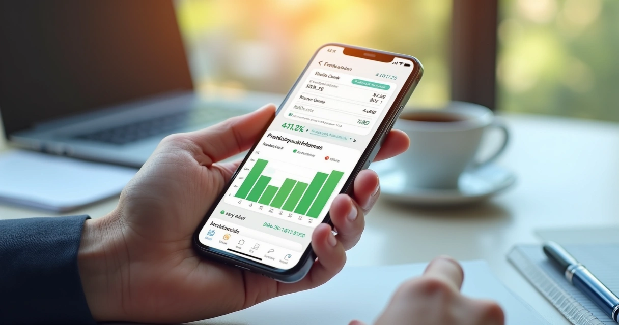 Mãos segurando um smartphone com aplicativo de controle financeiro aberto, mostrando gráficos de despesas previsíveis e alertas organizados 