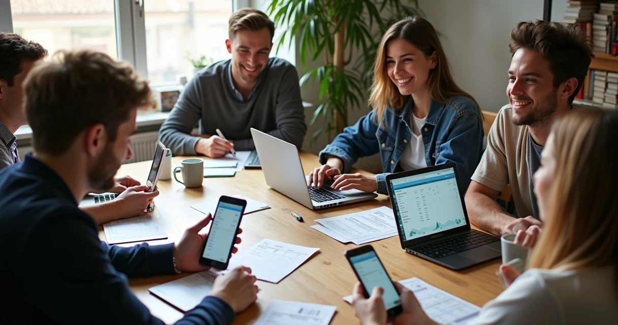 Grupo de pessoas em uma república analisando despesas junto ao smartphone