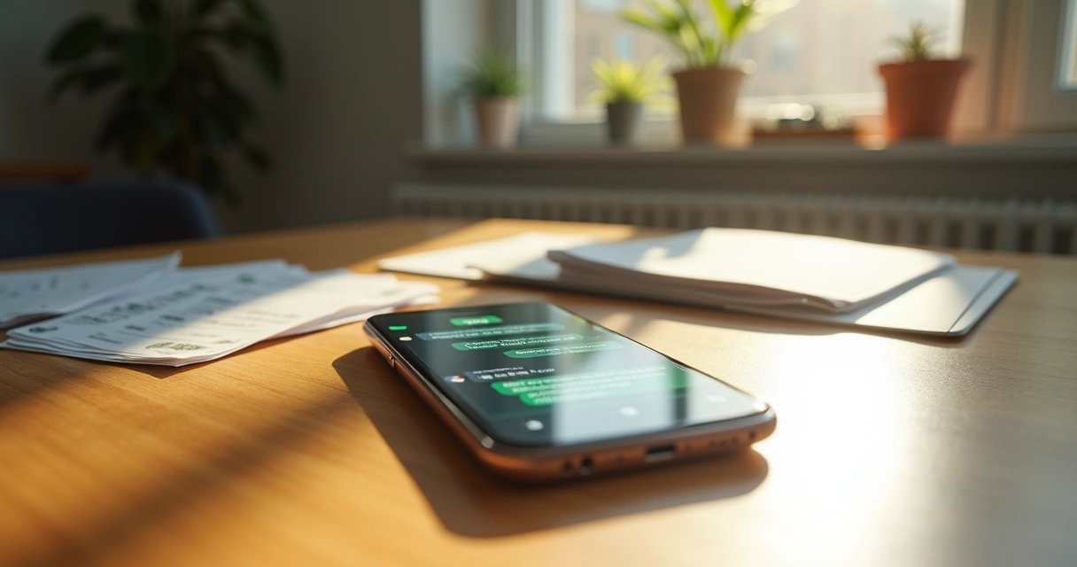 Pessoa enviando mensagem sobre despesas no WhatsApp em um ambiente doméstico 