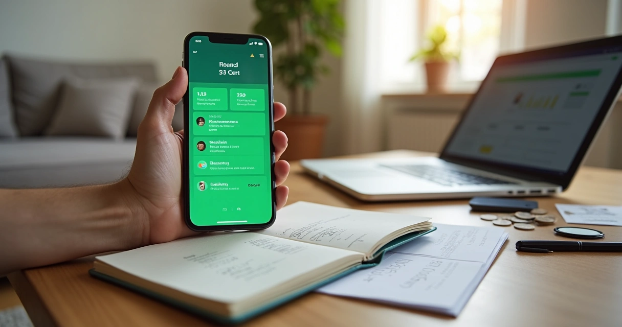 Pessoa usando o WhatsApp no celular para organizar despesas na mesa com finanças 