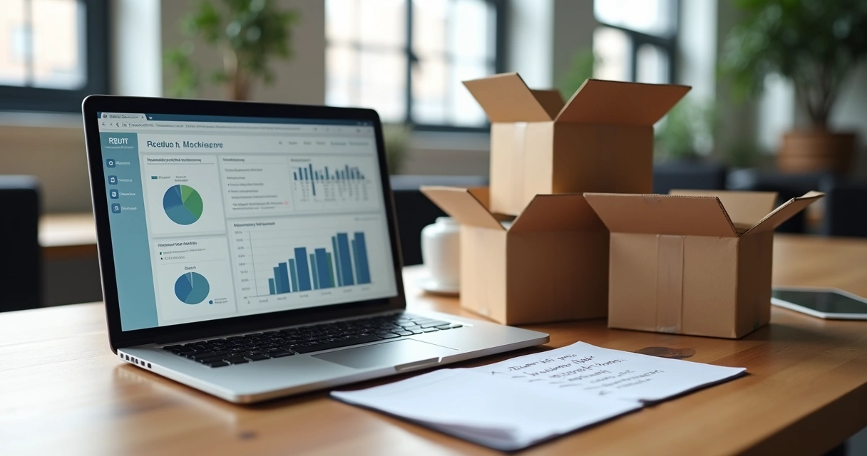 Mesa de trabalho com laptop exibindo gráficos financeiros, junto a caixas de produtos devolvidos e bloco de notas com anotações de estratégias