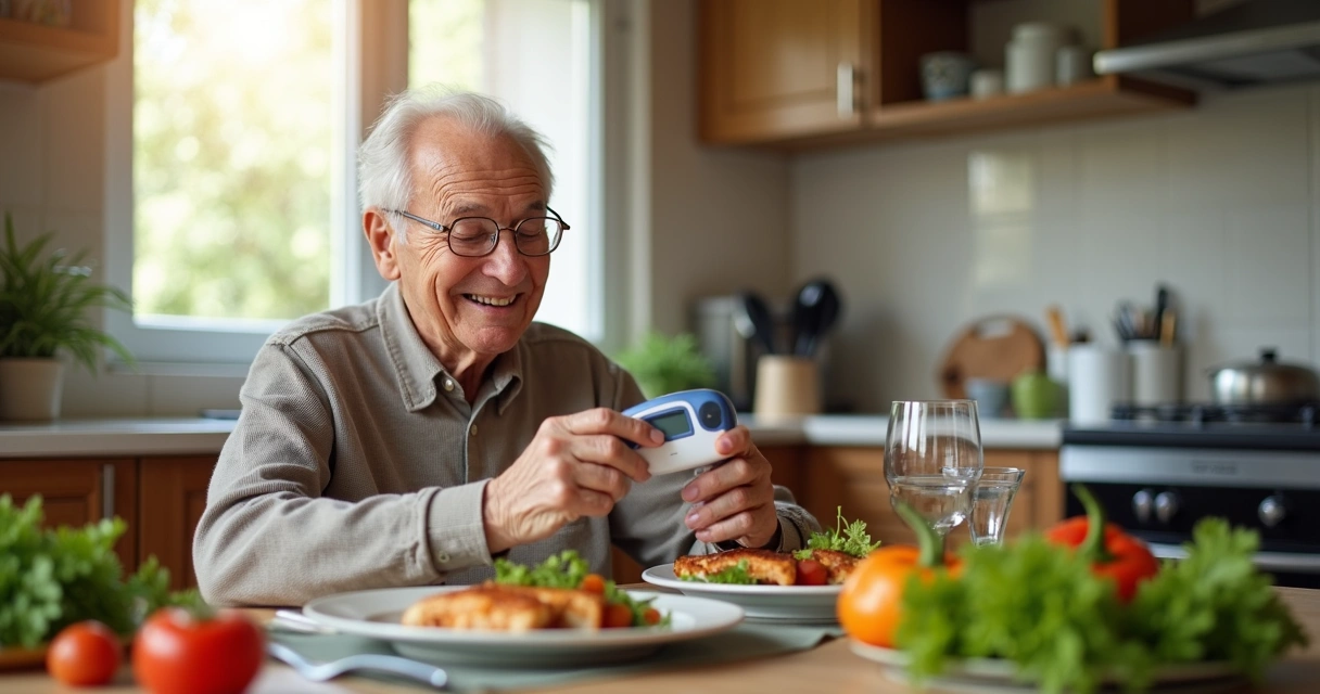 Idoso sorrindo medindo a glicemia em casa 