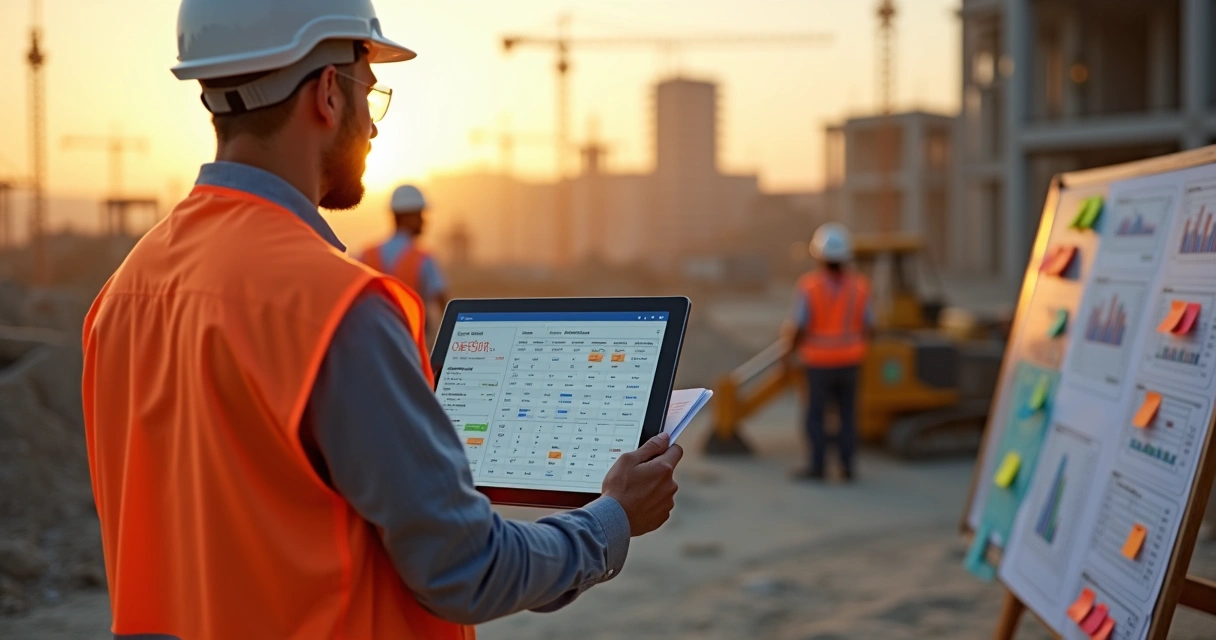 Engenheiro em canteiro de obras conferindo diárias em painel de gestão no tablet 