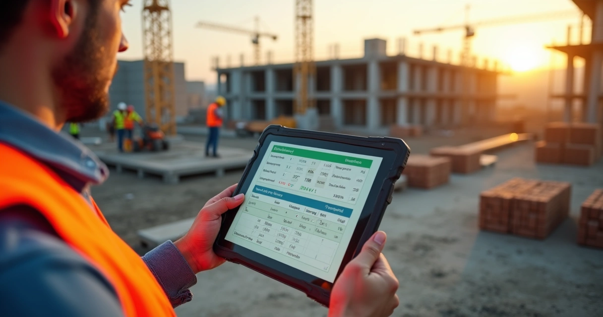 Engenheiro em canteiro de obras conferindo diárias em tablet integrado a sistema de gestão 