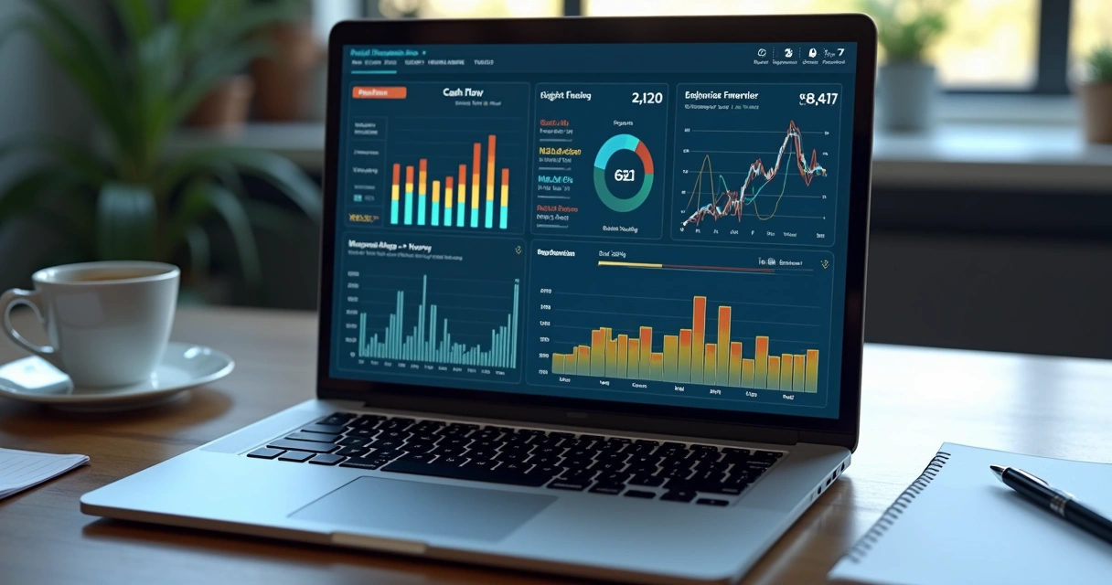 Painel digital em tela de notebook mostrando gráficos de caixa 