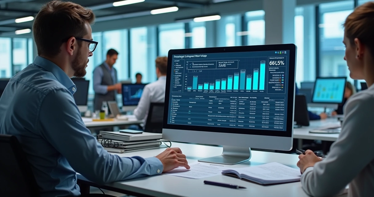 Gestor analisando painel digital de compensação previdenciária em mesa de escritório 