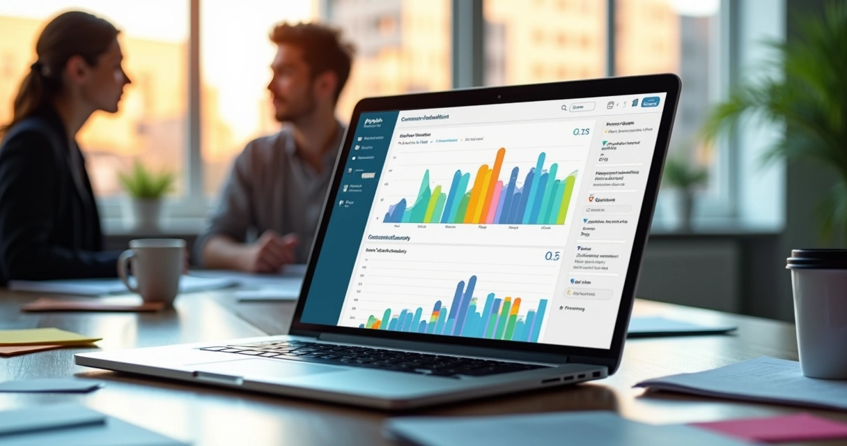 Painel digital mostrando gráficos de controle de contratos em notebook 