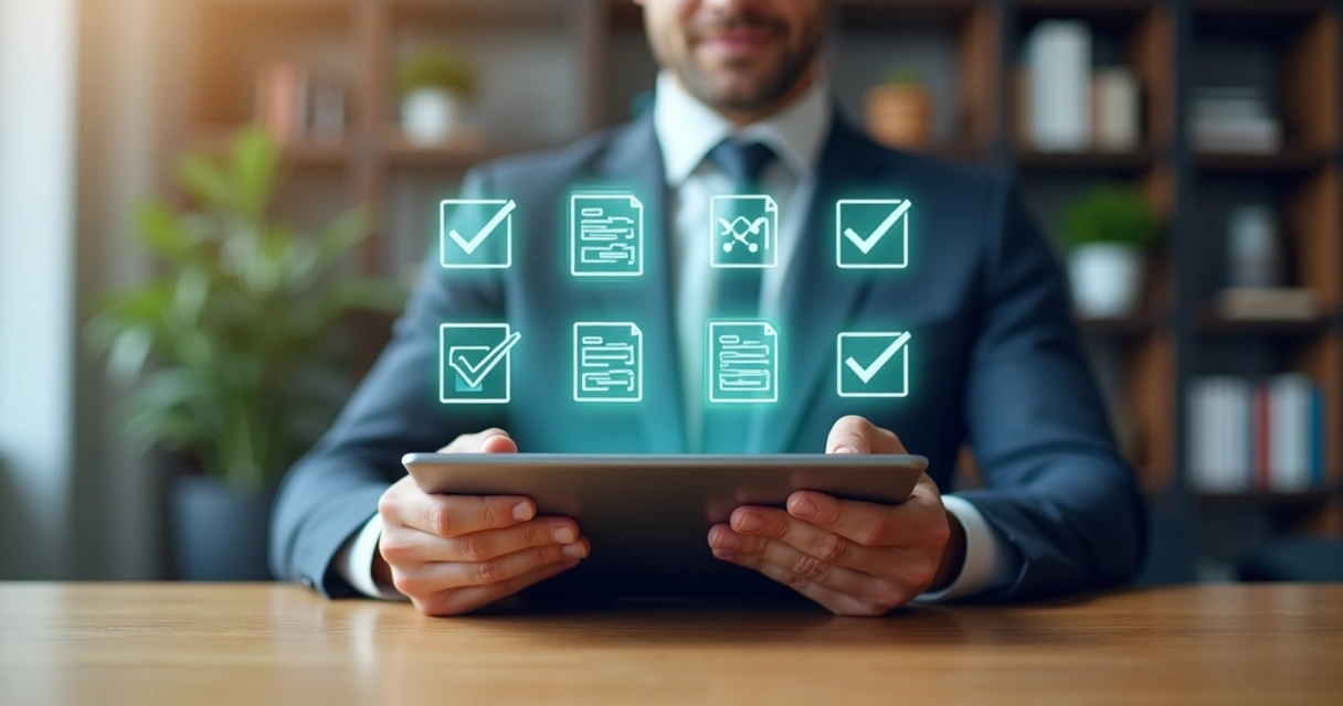 Empresário acessando documentos digitais em um tablet