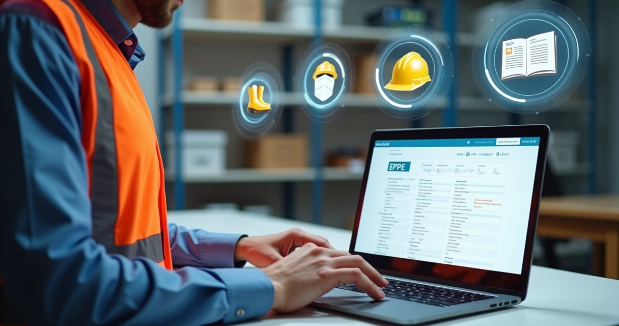 Profissional usando notebook para registrar ficha digital de EPI 