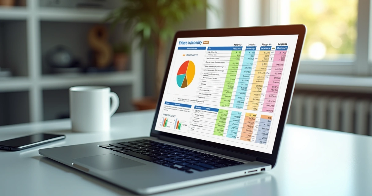 Planilha digital com gráfico de receitas e despesas em tela de notebook 