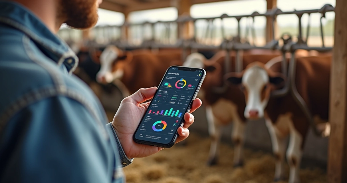 Produtor consultando aplicativo de gestão reprodutiva no campo 