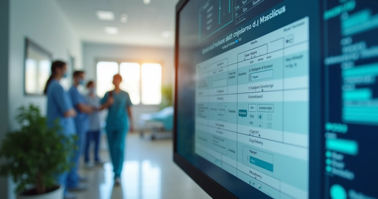 Tela com prontuário digital e equipe de enfermagem em uma ILPI 